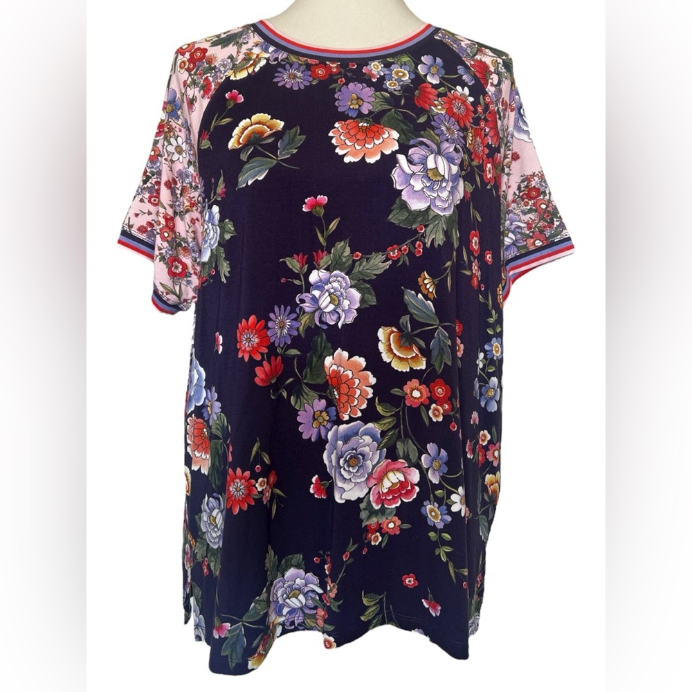 Johnny Was Navy Floral Short Sleeve Blouse